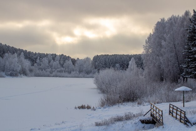 Entrada de madera al bosque cerca del lago congelado cerca del bosque, todo cubierto de nieve. Cielo dramático con nubes sobre el bosque y el lago de invierno. Invierno y naturaleza helada.