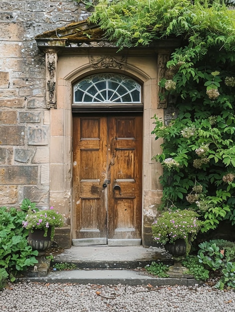 La entrada a una mansión histórica enmarcada por elementos arquitectónicos antiguos y flanqueada por topiarios en macetas presenta una puerta envejecida