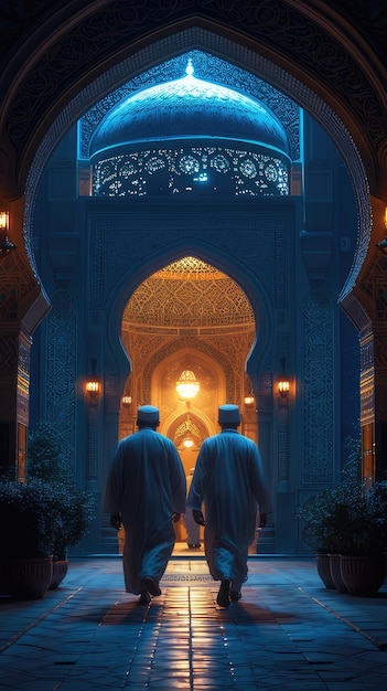 La entrada de la mezquita iluminada por la luna captura la vista trasera de los hombres musulmanes