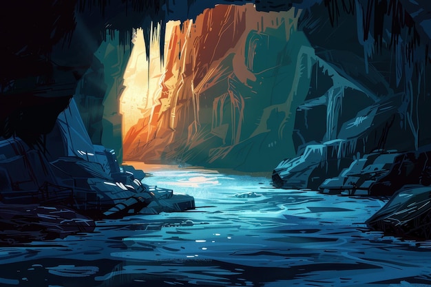 Entrada misteriosa da caverna com água brilhante