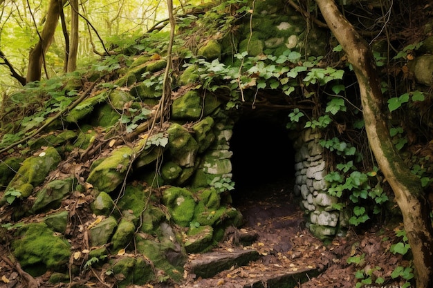 Entrada oculta de la cueva parcialmente oscurecida por vides y follaje cubiertos