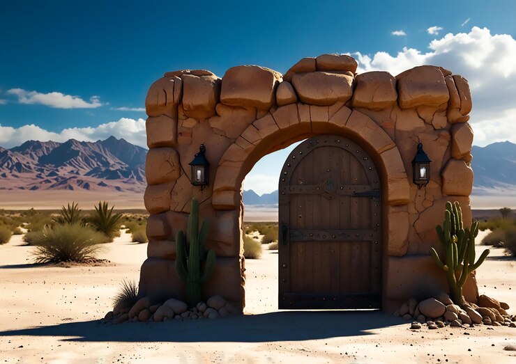 Foto entrada ou porta de estilo fantasia com paisagem do deserto