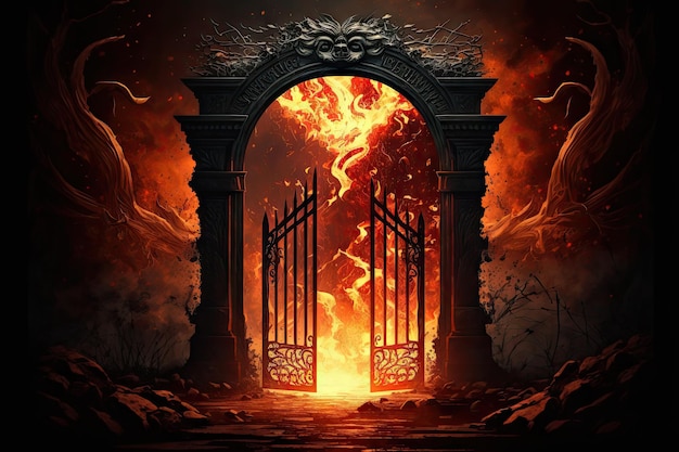 Entrada para o inferno ardente ardente com portão