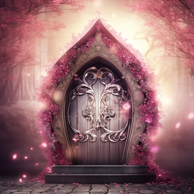 Entrada para um jardim de fantasia com uma porta de madeira e flores rosa generativas ai