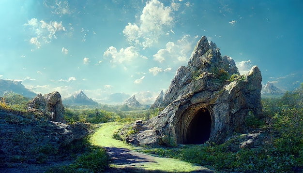 Entrada para uma caverna de montanha com vista para altos picos sob um céu azul em um dia ensolarado