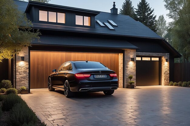 Foto entrada para uma garagem com as lâmpadas brilhantes na casa de campo moderna