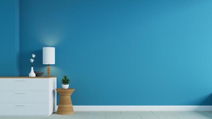 Entrada de pared azul y armario moderno en la habitación - Representación 3D