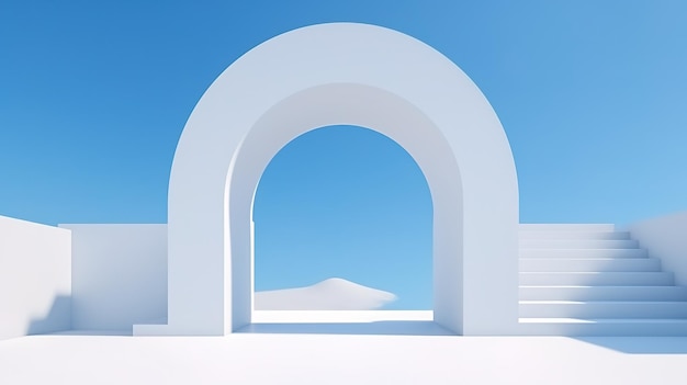 entrada de puerta arqueada cerca de un edificio abstracto con un estilo de diseño de escenario minimalista de cielo azul