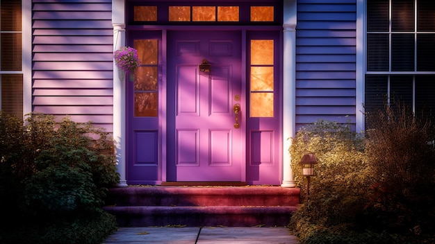 La entrada púrpura de una vivienda encantadora en la noche IA generativa