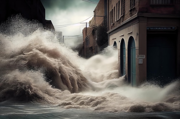 Entrada repentina de aguas residuales en la calle con agua corriendo y escombros que se agitan debajo de la superficie