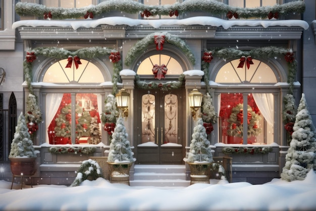 La entrada a una tienda de regalos decorada para Navidad Calle invernal bajo la nieve AI Generative