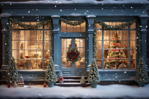 La entrada a una tienda de regalos decorada para Navidad Calle invernal bajo la nieve AI Generative
