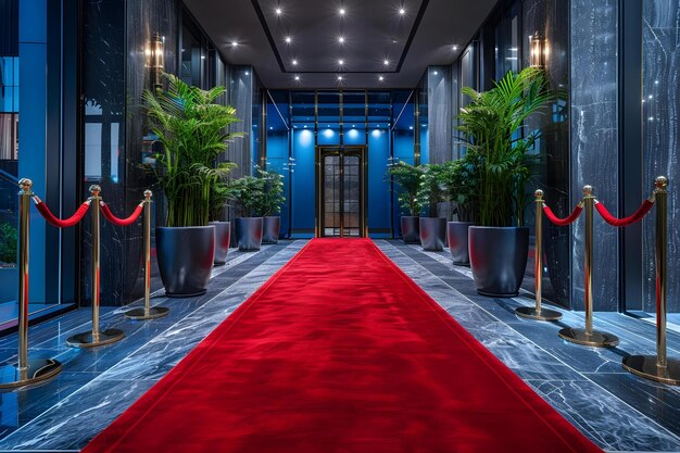 Entrada VIP luxuosa com tapete vermelho e barreira de corda de veludo Conceito de decoração Produção de evento Experiência VIP Tapete vermelho Corda de Veludo Decoração de luxo