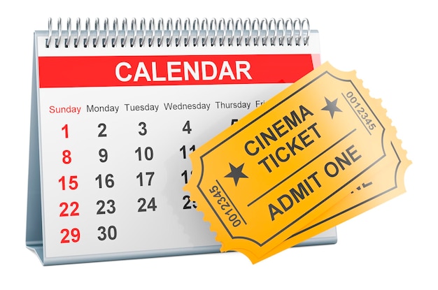 Entradas de cine con renderizado 3D de calendario de escritorio