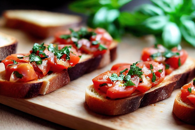 Entradas de bruschetta com tomate seco manjericão e mussarela na bandeja