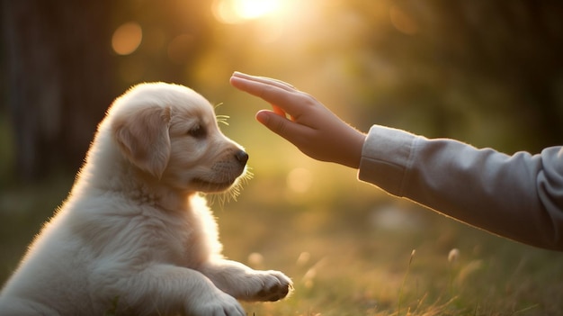 Una entrañable foto de un cachorro y su dueño participando en un juego de 'pawshake' mostrando la