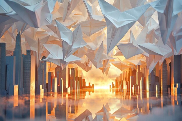 Foto entrar en un paisaje urbano donde inmenso origami constr generativo ai
