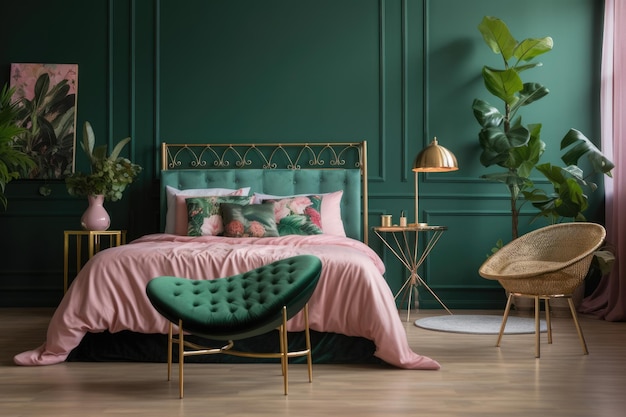 Entre a cama e a cadeira na decoração do quarto verde está uma mesa dourada com uma folha