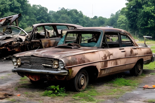 Foto entre as ervas daninhas, um velho carro enferrujado e abandonado está em decomposição.