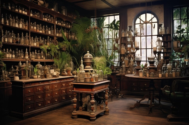 Entre em uma sala caprichosa cheia de vegetação enquanto garrafas e plantas criam uma atmosfera encantadora Interior de uma farmácia do século XIX