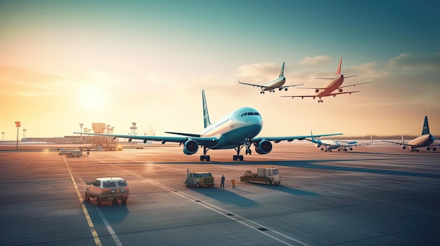 Entre no mundo animado de um aeroporto movimentado, onde o céu é preenchido com a visão de aviões decolando e pousando graciosamente Gerado por IA