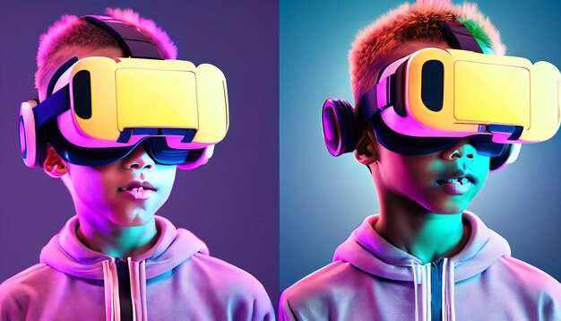 Entre no reino do Cyberpunk Mergulhe em ilustrações 4K de um menino usando fone de ouvido VR em vibrante