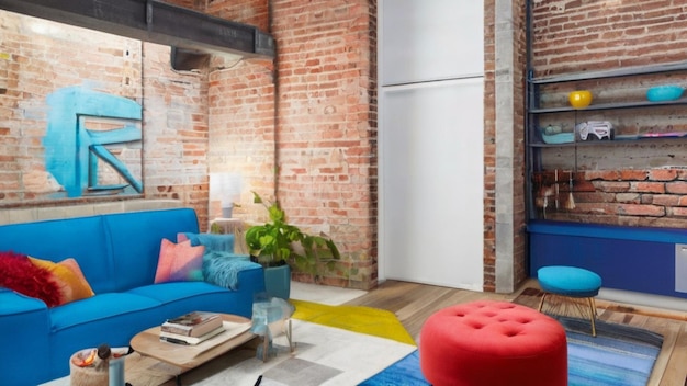 Entre num apartamento moderno e chique com paredes de tijolos expostos acentuadas com cores vibrantes.