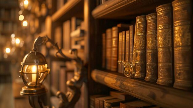 Entre numa biblioteca mágica banhada no brilho dourado de lanternas antigas onde os livros estão alinhados nas prateleiras como antigos tomos de conhecimento