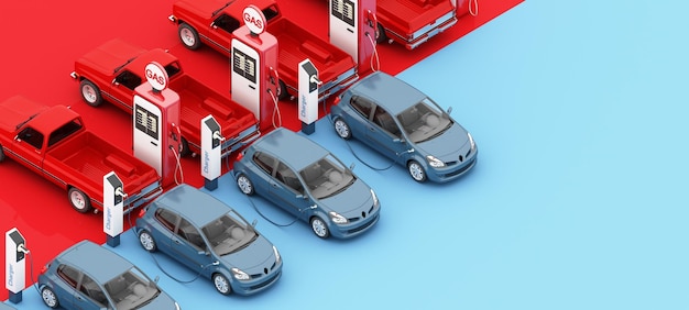 Entre os caminhões vermelhos enchendo o combustível e o sedã azul elétrico cobrando caro crise de combustível conservação de energia eco conceito verde isolado em fundo vermelho e azul ilustração de renderização 3d