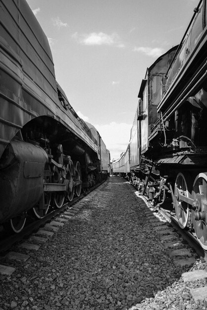 Entre vagões de trens antigos entre dois trens antigos foto vintage em preto e branco de trens