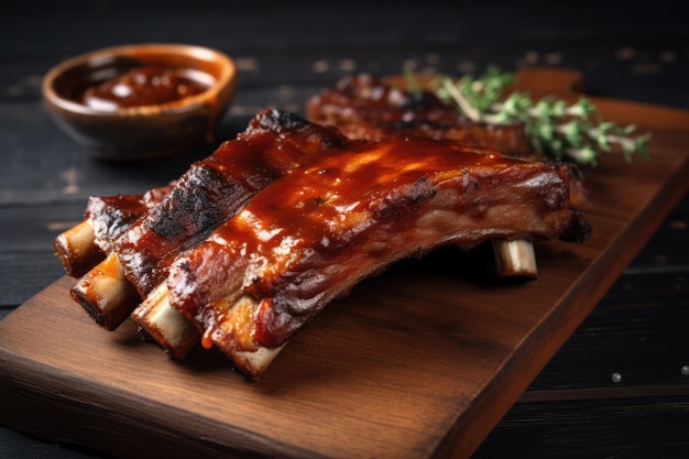 Entrecosto grelhado quente com molho de churrasco na tábua e fundo preto AI generative