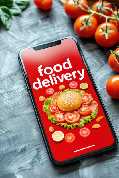 entrega de alimentos en la pantalla del teléfono inteligente enfoque selectivo