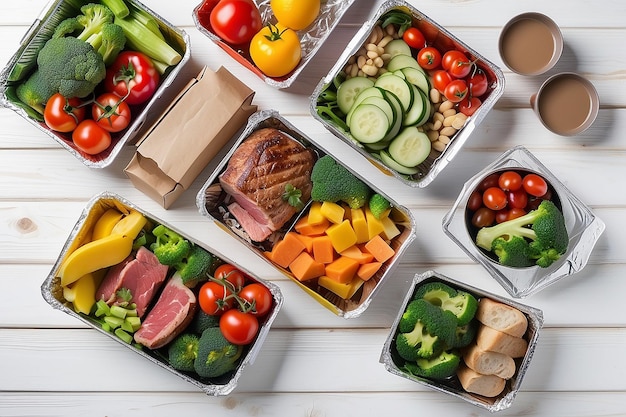 Entrega de alimentos saludables para llevar para la dieta Fitness nutrición verduras carne y frutas en cajas de aluminio