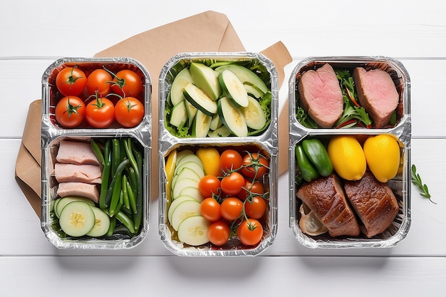 Entrega de alimentos saludables para llevar para la dieta Fitness nutrición verduras carne y frutas en cajas de aluminio