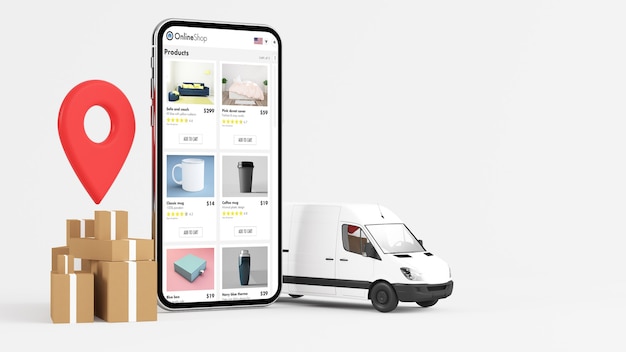 Entrega concepto móvil compras en línea render 3d
