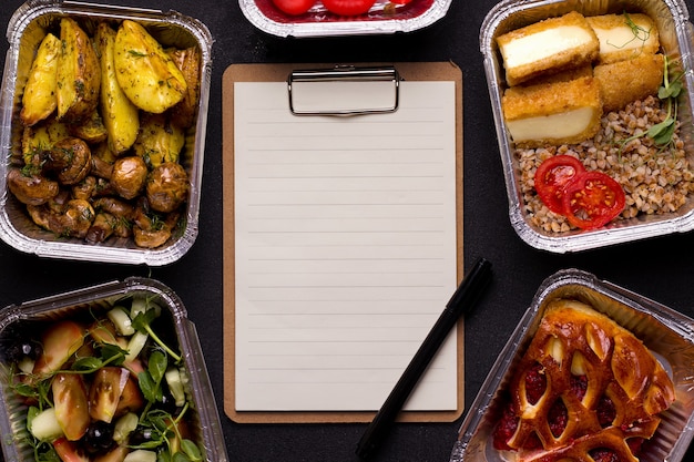 Entrega de alimentos. Pratos para o jantar mingau, salada, batata com cogumelos. Folha de papel com lugar para texto.