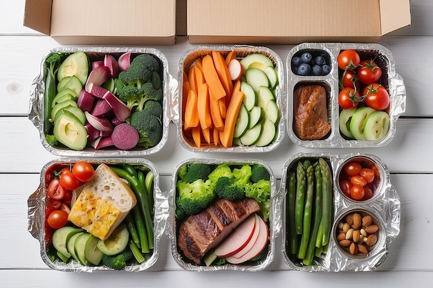 Entrega de alimentos saudáveis Para levar para a dieta Nutrição de fitness Vegetais carne e frutas em caixas de alumínio