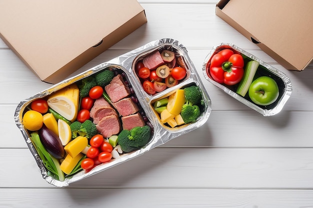Entrega de alimentos saudáveis Para levar para a dieta Nutrição de fitness Vegetais carne e frutas em caixas de alumínio
