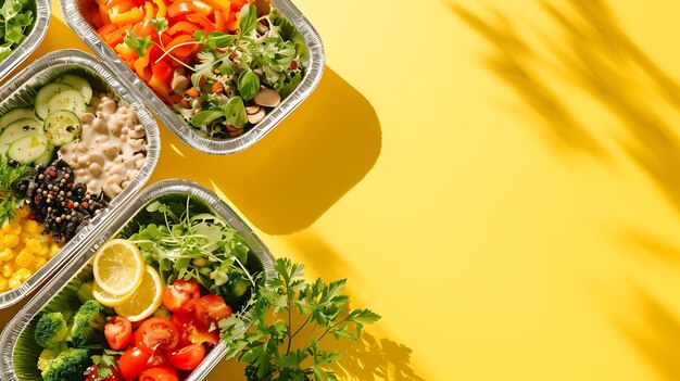 Foto entrega de alimentos saudáveis remova a refeição diária orgânica no espaço de cópia amarelo