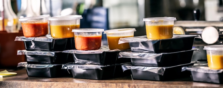 Foto entrega de comida pronta para levar, tudo servido em embalagens plásticas descartáveis, algumas com papel alumínio por cima.