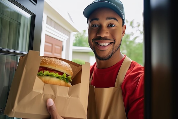 Entrega de comida Um jovem afro-americano entrega comida Ele dá comida ao cliente com um sorriso