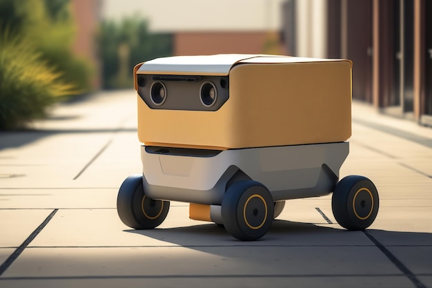Entrega de correio de robô bonito moderno com contêiner de carga estacionado na calçada na rua Tecnologia de serviço robótico do futuro Generative AI