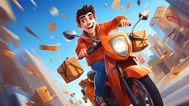 entrega de desenho animado mensageiro entrega de alimentos ilustração entrega pessoa montando motocicleta jovem homem cou