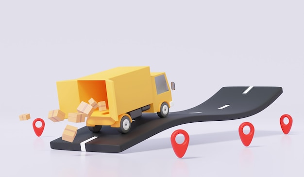 Entrega de pacotes conceito caminhão amarelo velocidade rápida em modelo de estrada casa 3d render ilustração