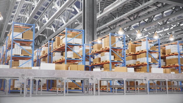 Entrega de pacotes, conceito de sistema de transporte de encomendas, caixas de papelão na correia transportadora no armazém. Armazém com caixas de papelão dentro em racks de paletes. Enorme armazém moderno, ilustração 3D
