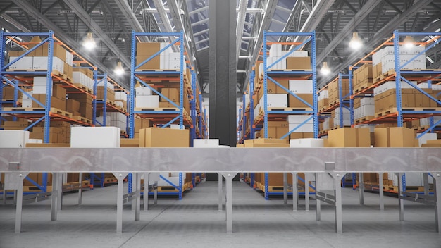 Entrega de pacotes, conceito de sistema de transporte de encomendas, caixas de papelão na correia transportadora no armazém. Armazém com caixas de papelão dentro em racks de paletes. Enorme armazém moderno, ilustração 3D