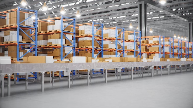 Entrega de pacotes, conceito de sistema de transporte de encomendas, caixas de papelão na correia transportadora no armazém. Armazém com caixas de papelão dentro em racks de paletes. Enorme armazém moderno, ilustração 3D
