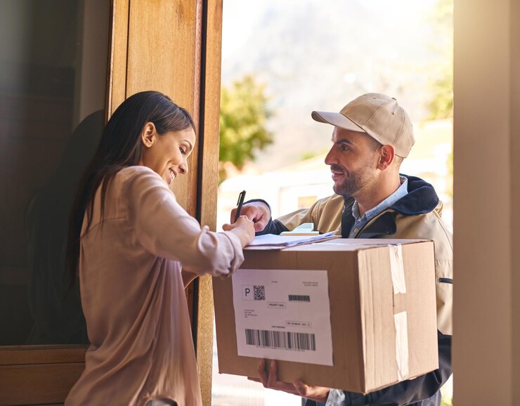 Foto entrega de pacotes e pacotes para assinatura e papelada distribuição e caixa para logística sorriso de oficial de correio ou envio de homem compras on-line ou cliente mulher para envio de importação