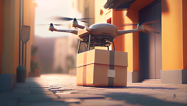 Entrega de pacotes por drone em cidades urbanas Entrega de parcelas por drone em casas Compras on-line e serviço de entrega expressa Conceito de serviço de transporte Ilustração de IA generativa