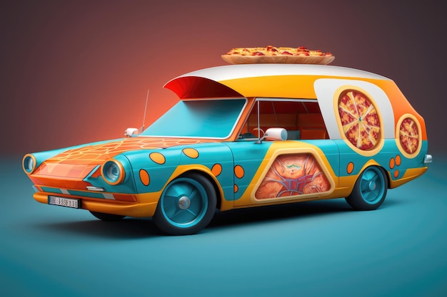 Foto entrega de pizza pizza como carro de fast food desenho de carro de pizza mascote logotipo para restaurante ou café de rua